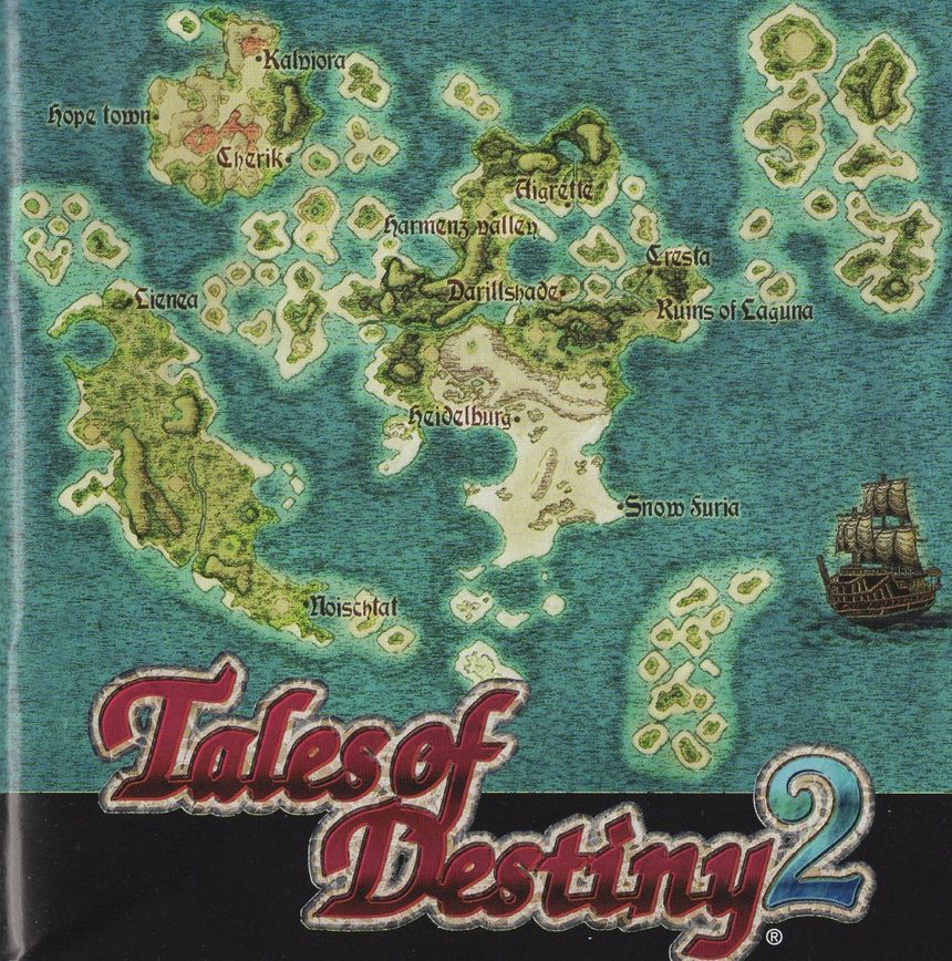 Map of the world with the Tales of Destiny 2 logo